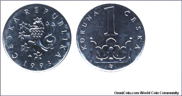 Czech Republic, 1 korun, 1993, Ni-Steel, 20mm, 3.6g, Crown.