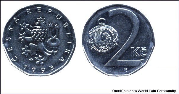 Czech Republic, 2 koruns, 1993, Ni-Steel, 21.5mm, 3.7g, button-jewel from the times of Great Moravian Empire.