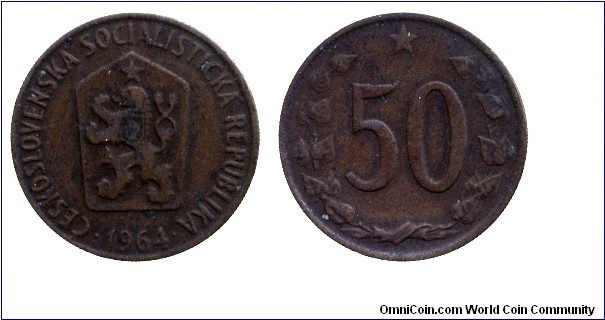 Czechoslovak Socialist Republic, 50 halers, 1964, Bronze, 21.5mm, 3g.