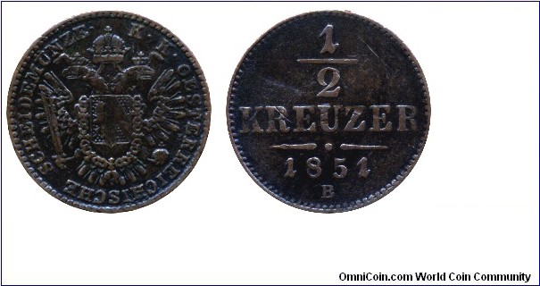Austria, 1/2 kreuzer, 1851, Cu, MM: B (Kremnitz, Körmöcbánya).