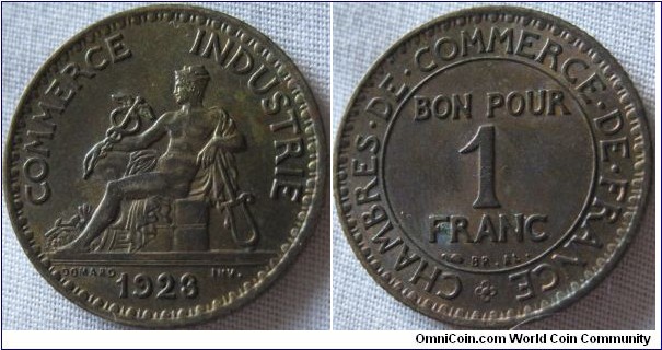 1923 EF grade 1 franc, wonderful coloured toning