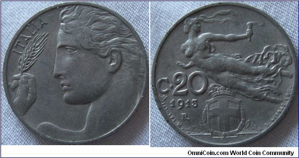 1913 20 centisimi EF grade some lustre