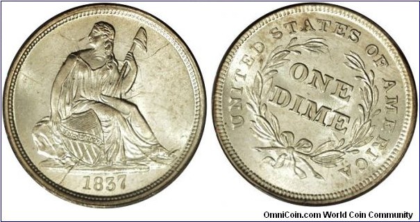 1837 No Stars F-101c Large Date Liberty Seated dime with shattered obverse die and clashed obverse and reverse dies.  This is the finest known example of the variety; PCGS MS65.  My entire Liberty Seated Dime collection can be viewed at www.seateddimevarieties.com
