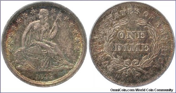 1839 No Drapery F-101 Liberty Seated dime graded PCGS MS65.  I bought the coin due to the original toning.  My entire Liberty Seated Dime collection can be viewed at www.seateddimevarieties.com