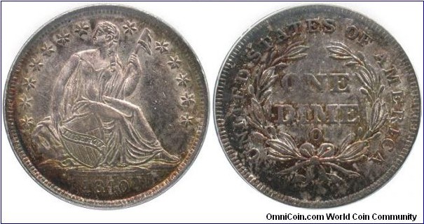 1840-O No Drapery F-101a Liberty Seated dime with large O mintmark.  New Orleans 1840 dimes are quite rare in original AU or better.  This coin sits in PCGS AU58 holder and was one of the plate coins for the Brian Greer guidebook on Liberty Seated Dimes.  My entire Liberty Seated Dime collection can be viewed at www.seateddimevarieties.com