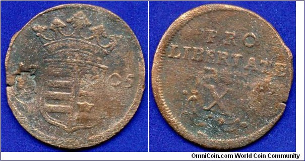 10 polturas.
Coined during the *War of Independence*(Hungarian revolt 1703-11) Francis II Rákóczi.
With kontermark of 1711.
