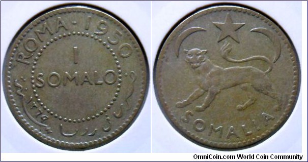 1 somalo.
1950, Ag 600. Trust Territory of Somalia, under Italian administration.