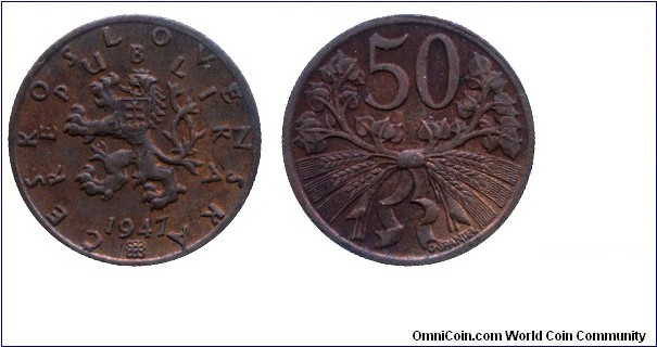 Czechoslovak Republic, 50 halers, 1947, Bronze, 20mm, 3g.