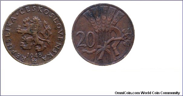 Czechoslovak Republic, 20 halers, 1948, Bronze, 18mm, 2g.