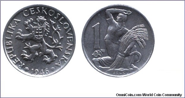 Czechoslovak Republic, 1 koruna, 1952, Cu-Ni, 21mm, 4.5g, Woman collecting wheat.