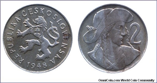 Czechoslovak Republic, 2 koruns, 1948, Cu-Ni, 23.5mm, 6g, Juraj Janosik, the famous rascal