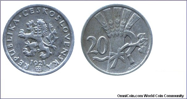Czechoslovak Republic, 20 halers, 1921, Cu-Ni, 20mm, 3.33g.