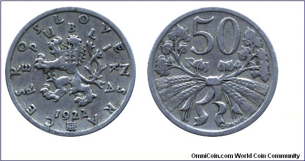 Czechoslovak Republic, 50 halers, 1922, Cu-Ni, 22mm, 5g.