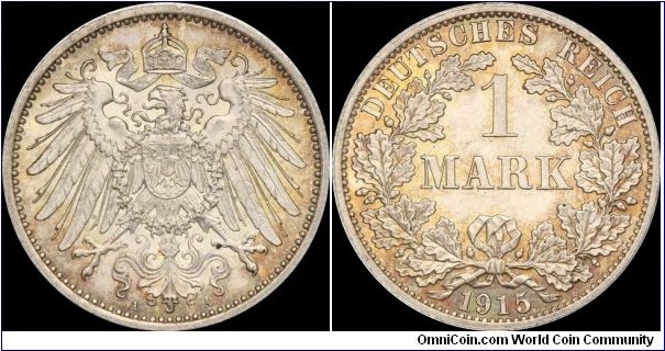 TONED GEM: German Empire 1 Mark 1915-A (Berlin mint)