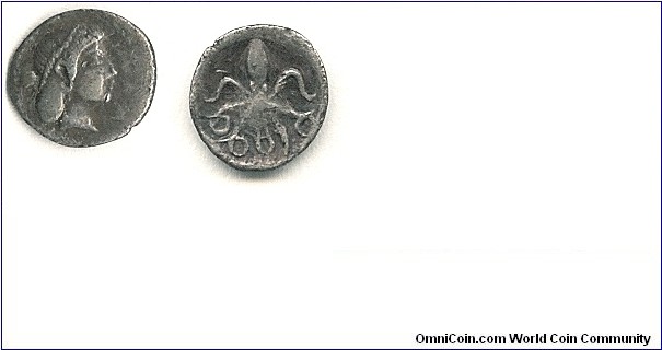 Sicily (not Italy), town of SYRACUSE, Arethusa and Cuttlefish (octobus) silver litra (obol)