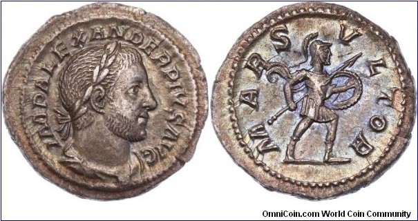 Severus Alexander Denarius Rome. Head right / Mars with spear and shield, MARS VLTOR.