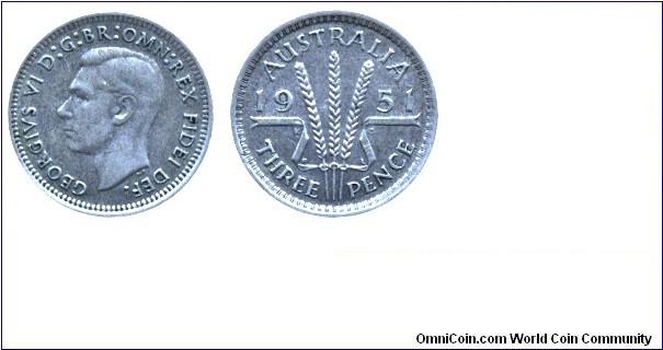 Australia, 3 pence, 1951, Ag, 16mm, 1.41g, King George VI.