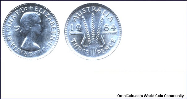 Australia, 3 pence, 1964, Ag, 16mm, 1.41g, Queen Elizabeth II.