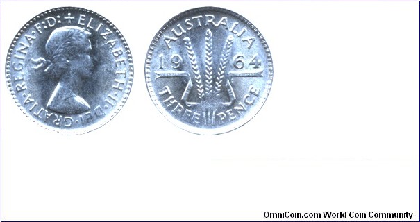Australia, 3 pence, 1964, Ag, 16mm, 1.41g, Queen Elizabeth II.