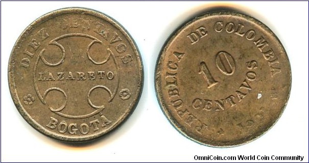 COLOMBIA LAZARETO 10 CENTS COPPER  1901-CAT 111-