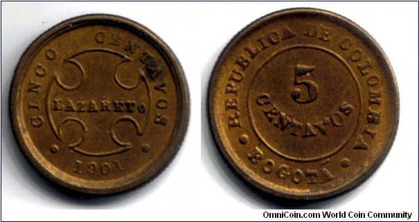 COLOMBIA LAZARETO 5 CENTAVOS 1901 CAT 270