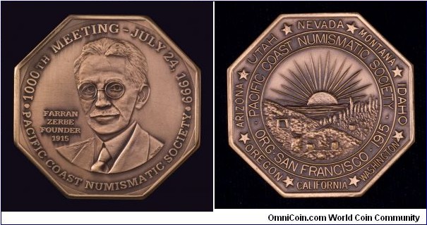 Pacific Coast Numismatic Society 1000th meeting medal, bronze.