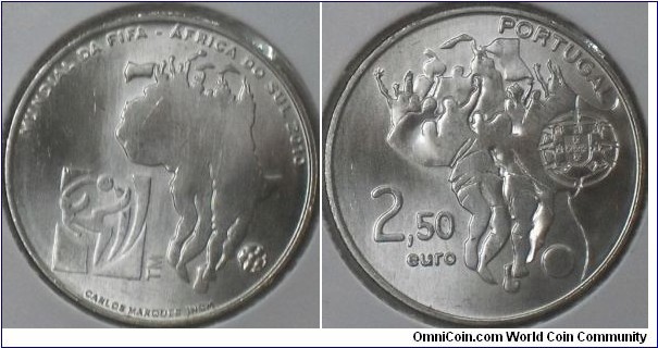 2.5 Euro,Copper Nickel,commemorating FIFA World Cup in South Africa,Lisbon Mint.Mintage: 120,000