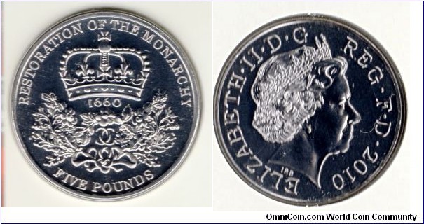 £5 
Restoration of the Monarchy Charles II
Designed by David Cornell 
Queens head by IR Broadley Coin in folder of issue