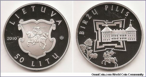 50 Litas KM#170 Silver Ag 925 Quality proof Diameter 38.61 mm Weight 28.28 g Dedicated to Birzai Castle(from the series Historical and Architectural Monuments of Lithuania). The obverse of the coin features a stylized Vytis (State Emblem) of the-then time, encircled with the inscriptions LIETUVA (Lithuania), 50 LITŲ (50 litas), 2010 and the mark of the Lithuanian Mint. The reverse of the coin features stylised picture of the Birzai Castle, semi-circled by the inscription BIRŽŲ PILIS (Biržai Castle). Below the Castle the Rider is depicted. The words on the edge of the coin: ISTORIJOS IR ARCHITEKTUROS PAMINKLAI (HISTORICAL AND ARCHITECTURAL MONUMENTS) Designed by Vytautas Narutis Mintage 10,000 pcs Issue 14.09.2010 The coin was minted at the UAB Lithuanian Mint.