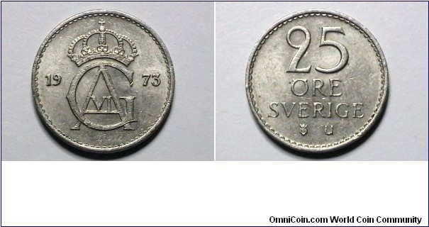 Sweden 1973 25 Ore KM# 836 