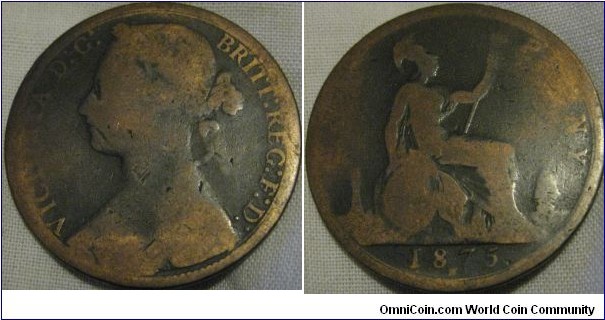 1875 H penny, poor grade but a hard mintmark and date combination to obtain in any grade