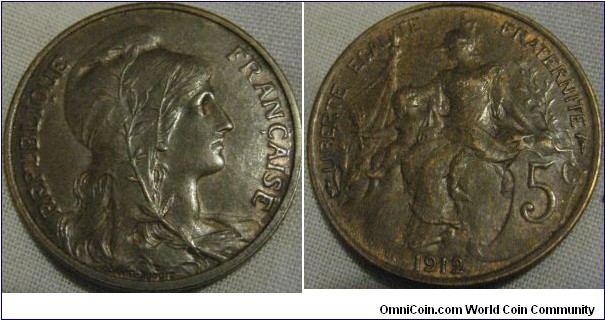 1912 5 centimes EF grade, some lustre