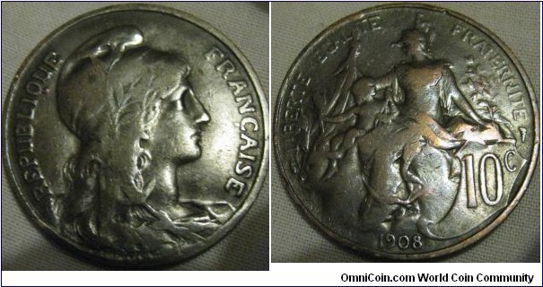 1908 10 centimes, F+ sadly polished