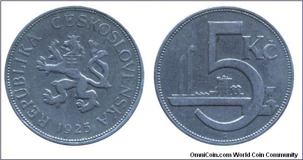 Czechoslovak Republic, 5 korun, 1925, Cu-Ni, 30mm, 10g, Industrial site.