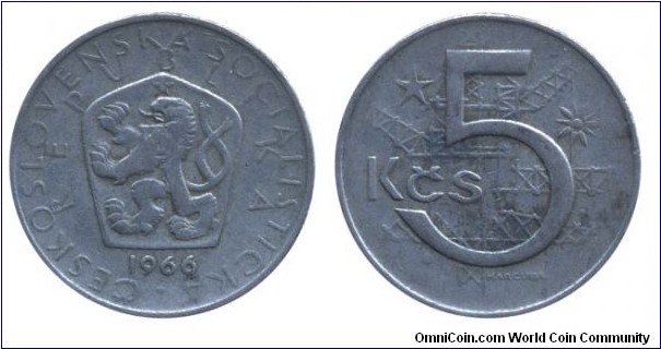 Czechoslovak Socialist Republic, 5 korun, 1965, Cu-Ni, 26mm, 7.22g.