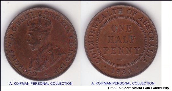 KM-22, 1933 Australia half penny, Melbourne mint; bronze, plain edge; a bit spotty brown good extra fine, small edge bump on obverse.