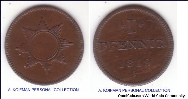 KM-Tn7, 1819 German State Frankfurt pfennig token; copper; small 