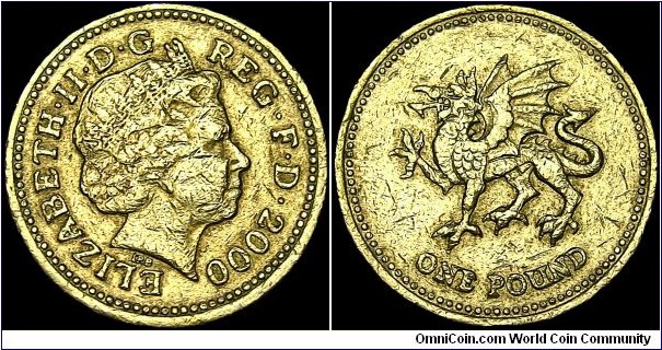 United Kingdom - 1 Pound - 2000 - Weight 9,5 gr - Nickel / Brass - Size 22,5 mm - Thickness 3,15 mm - Alignment : Medal (0) - Ruler / Elizabeth II (1952-) - Reverse / Welsh Dragon - Obverse Designer / Ian Rank-Broadley - Reverse Designer / Norman Sillman - Edge : Lettering and fine milled - Edge lettering : PLEIDIOL WYF I´M GWLAD (True am i to my country) - Mintage 109 496 500 - Minted in : Liantrisant UK - Reference KM# 1005 (2000)
