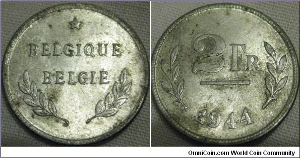 1944 2 franc, EF grade, bit discoloured, minted on 1943 cent planchets