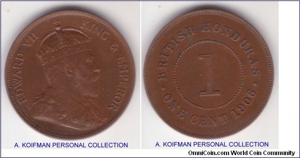 KM-11, 1906 British Honduras cent; bronze, plain edge; nice extra fine or almost, pleasing to the eye toned, mintage 50,000