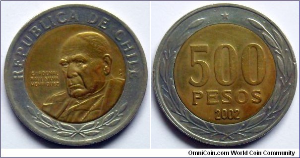 500 pesos.
2002, Cardinal Raul Silva Henriquez (1907-1999)