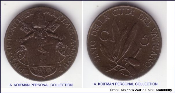 Y#22, 1940/II year of Pius XII Vatican 5 centesimi; alimunum bronze, plain edge; nice brown uncirculated specimen.