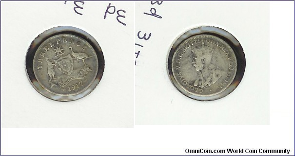 1917 Threepence with Die Crack on Reverse giving the Emu an extra leg