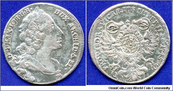 6 kreuzer (Vikariatssechser).
Bavaria (Bayern Kurfürstentum).
Vikariat 1745.
Maximilian III Ioseph (1745-1777).


Ag337f. 3,07gr.