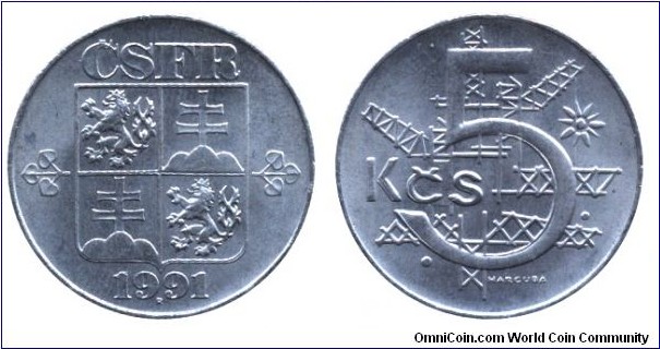 Czechoslovak Federative Republic, 5 korun, 1991, Cu-Ni, 26mm, 7g.