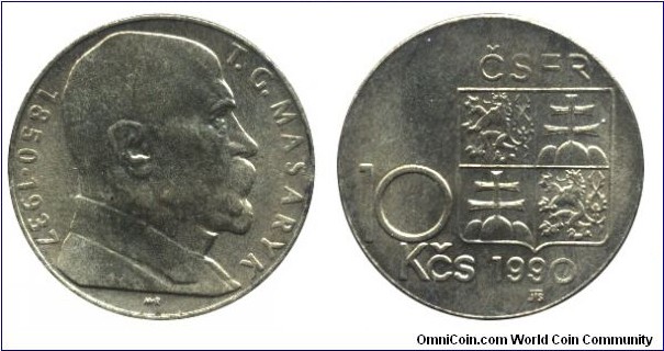 Czechoslovak Federative Republic, 10 korun, 1990, Ni-Bronze, 24.5mm, 8g, G. Maszaryk.