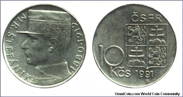Czechoslovak Federative Republic, 10 korun, 1991, Ni-Bronze, 24.5mm, 8g, M. R. Stefánik.