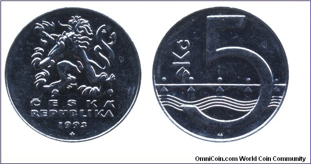 Czech Republic, 5 korun, 1993, Ni-Steel, 23mm, 4.8g, Charles Bridge in Prague.