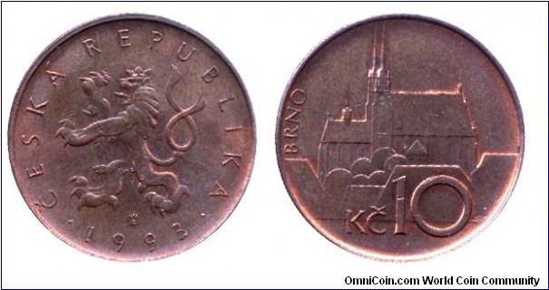 Czech Republic, 10 korun, 1993, Cu-Steel, 24.5mm, 7.62g, Brno Cathedral.