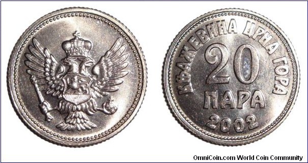 MONTENEGRO~20 Para 2002. Same pattern used in 1906 and 1908 for the Principality of Montenegro.